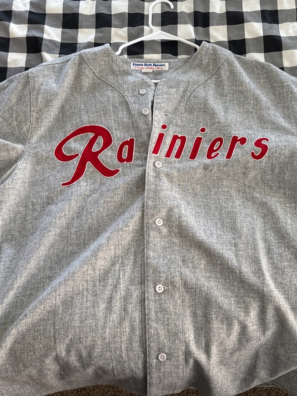 Ebbets Field Flannels Grey Baseball Shirt with Red 'Rainiers' Script
